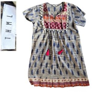 THML Anthropology BOHO Pom Pom Tassel Dress Multicolor Peasant Style – Size M